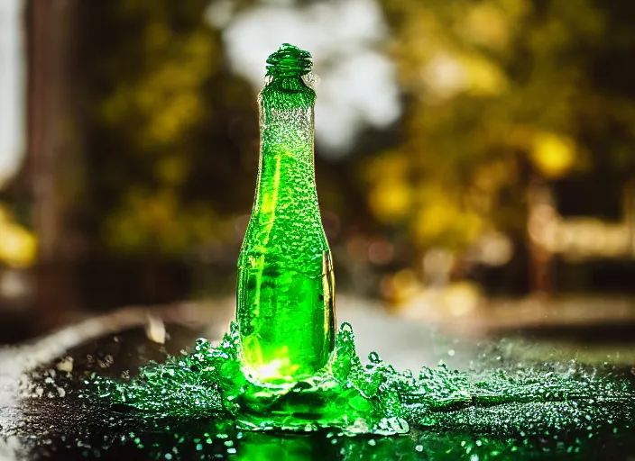 Prompt: product photo still of a long slender coca cola style bottle filled with bubbling green glowing liquid with a glass filled with green bubbling glowing liquid next to it, 8 k, 1 0 0 mm f 1. 4