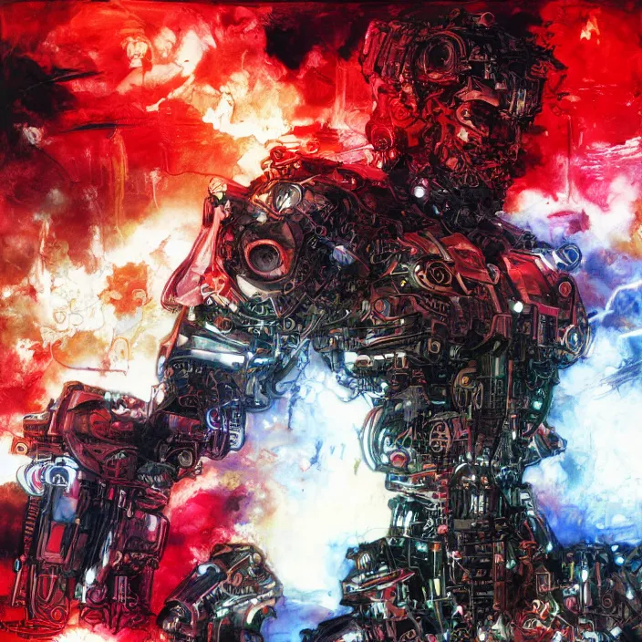 Image similar to cyborg with glowing red eyes, clouds, lasers, painting by greg ruthowski, yoshikata amano, yoji shinkawa, alphonse murac, collaborative artwork, beautifully drawn, heavily detailed