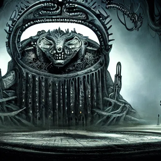 Image similar to Moloch, whose mind is pure machinery, eerie, sinister, horror, illustrated by Anne Stokes and H R Giger and Adrian Borda, super detailed, 4k, 8k