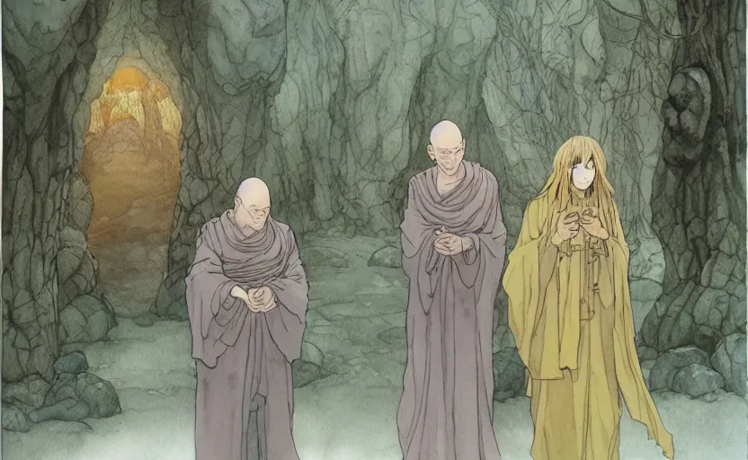 Image similar to a hyperrealist anime watercolor fantasy concept art of a giant monk with a big forehead and a small druid with a grey robe in stonehenge on a misty night. in the background several immense stones are floating in the air. by rebecca guay, michael kaluta, charles vess