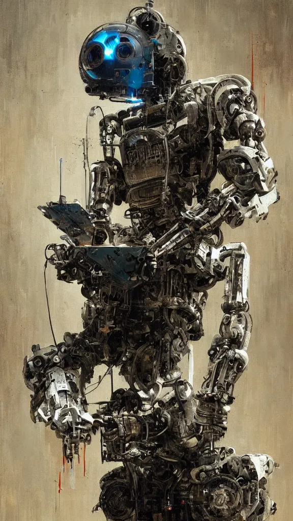 Image similar to robot painting a robot on canvas, intricate, highly detailed, photorealistic, film still, by greg rutkowski.
