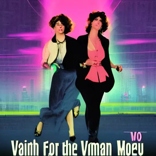 Prompt: vapor wave movie poster of two women on the run from the mob