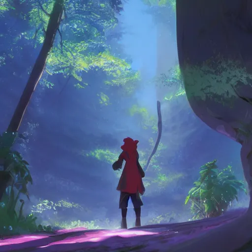 Image similar to concept art painting of an anthropomorphic lizard wearing magenta wizard robes, in the deep forest, realistic, detailed, cel shaded, in the style of makoto shinkai and greg rutkowski and james gurney