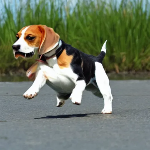 Prompt: a beagle chasing s mackerel cat