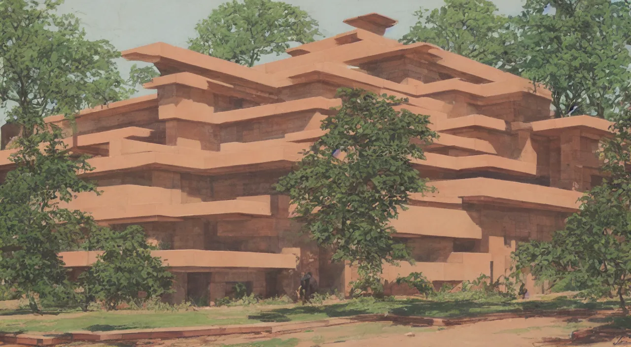 Image similar to gouache by james gurney. building designed by frank lloyd wright