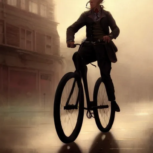 Image similar to cinematic shot epic portrait david bowie riding a bicycle in the streets, atmospheric, cloudy, broad light, ambient occlusion, volumetric light effect, made by ivan aivazovsky, peter mohrbacher, greg rutkowski, ross tran, matte painting, trending on artstation, 4 k, perfectly defined features, digital painting, cinematic, epic, highly detailed,