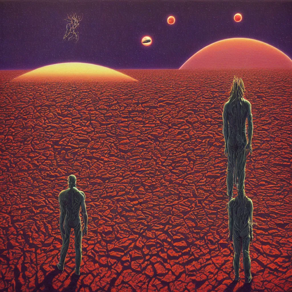 Prompt: high detailed lone person looking to its dying planet on a progressive rock 70s 80s album cover style by Barry Godber, psychedelic, oil paint on canvas, moebius, incal, realistic art, evangelion third impact inspired, Eliran Kantor, sand and desert environment, Eloy band, cinematic, unreal engine, high quality, eerily beautiful, cgsociety, 4K, UHD, Zdzisław Beksiński, by George Caleb Bingham and Donato Giancola and Bob Eggleton, trending on ArtStation, dune, pulp magazines cover art