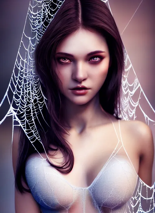 Image similar to a gorgeous female cover with spider webs photo, professionally retouched, soft lighting, realistic, smooth face, full body shot, torso, dress, perfect eyes, wide angle, sharp focus on eyes, 8 k high definition, insanely detailed, intricate, elegant, art by artgerm and jason chan and mark litvokin