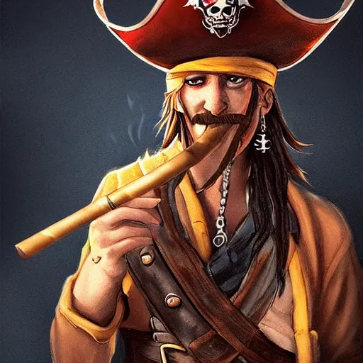 Prompt: pirate lighting his cigar with black dragon instead of lighter, digital art, trending on artstation