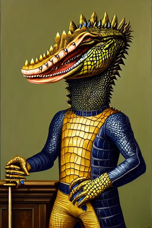 Image similar to royal portrait of an anthropomorphic male alligator fursona in fencing gear, furry art, oil on canvas, dramatic