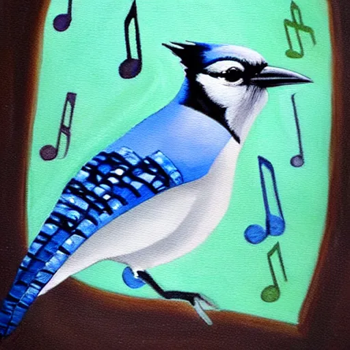 Image similar to painting of a bluejay surrounded by music notes