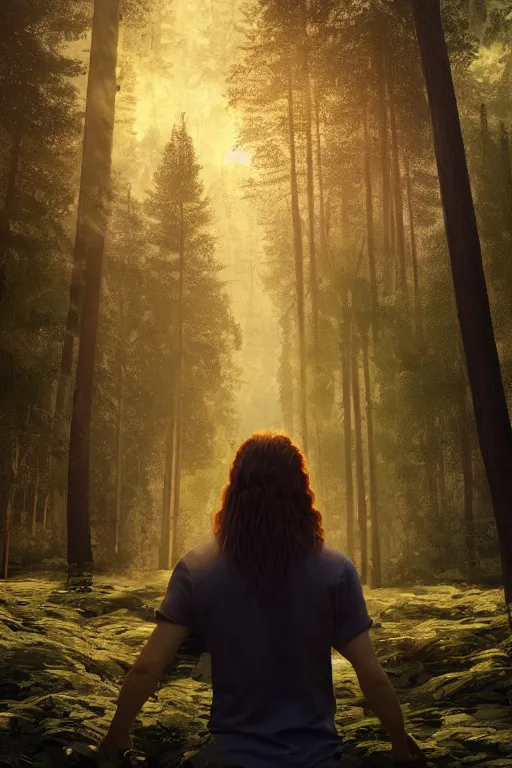 Image similar to young man with long hair made of real gold, slender, back view, trees, detailed forest background, webtoon, breathtaking scenery, colourful, 8 k, graphic novel, digital art trending on artstation, volumetric lighting, octane render, cinematic, hyper detailed, magical atmosphere