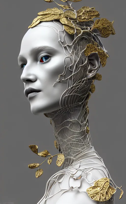 Image similar to complex 3d render of a beautiful porcelain profile woman face, vegetal dragon cyborg, 150 mm, beautiful natural soft light, rim light, silver gold details, magnolia leaves and stems, roots, fine lace, maze like, mandelbot fractal, anatomical, facial muscles, cable wires, microchip, elegant, highly detailed, white metallic armour, octane render, black and white, H.R. Giger style