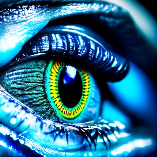 prompthunt: macro photography of a hyper realistic stunning woman cyberpunk blue  eye. black pupil, blue iris, natural skin no make up. studio shot, epic  scale, insanely complex, hyper detailed, sharp focus, hyper