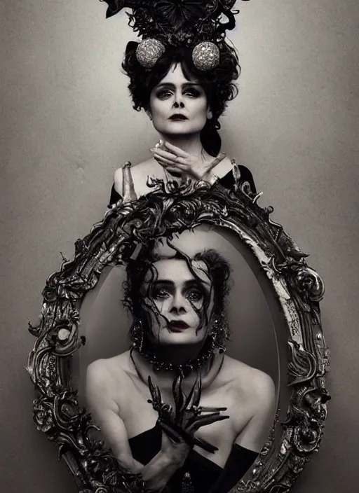 Prompt: a portrait of helena bonham carter by erwin olaf and nekro borja, photorealistic, intricate details, hyper realistic, dark fantasy, rococo onyx headpiece, crystals, photorealistic, canon r 3, photography, symmetrical features, symmetrical pose, wide angle shot, head to toe, standing pose, feet on the ground,