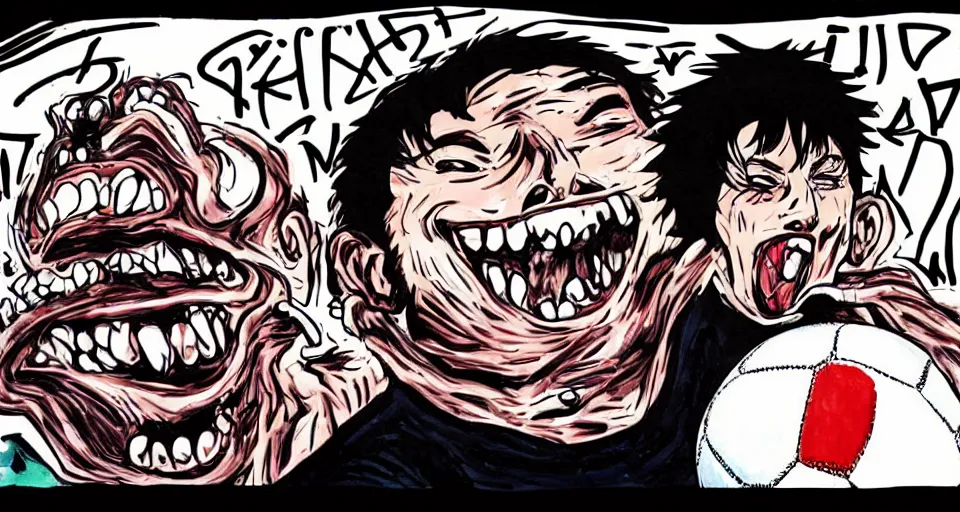 Image similar to a man eating a soccer ball and laughing in the style of Junji Ito