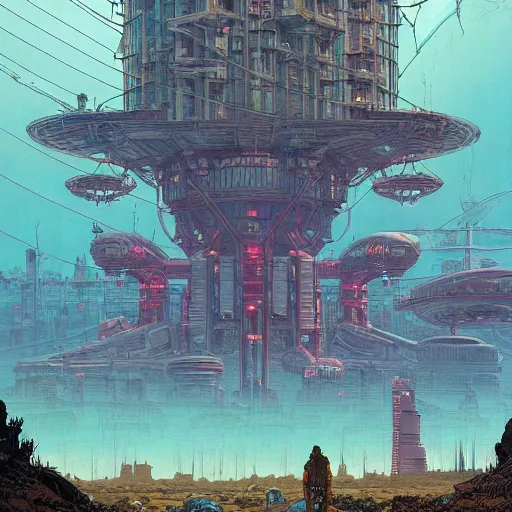 Prompt: an epic hyperdetailed matte painting of a retro vintage sci fi landscape by moebius and simon stalenhag and geoff darrow and dan mumford