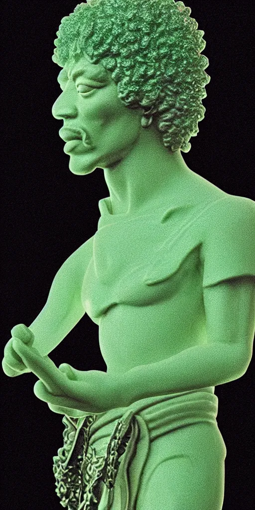 Prompt: detailed photo of a jade translucent statue of jimi hendrix, full body portrait, glowing in the dark, photorealism, intricate detail, museum diffuse lighting