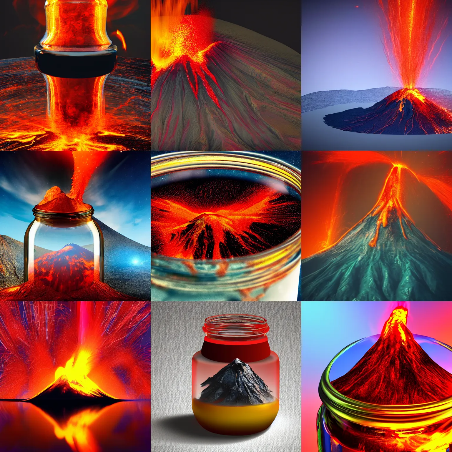Prompt: a volcano in a jar, erupting strongly, colorful, shiny, realistic, 4 k