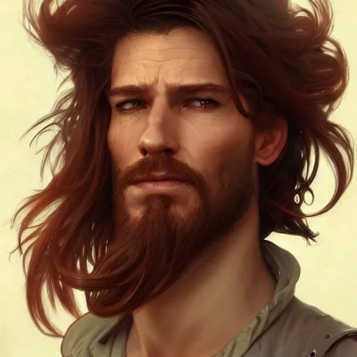 Image similar to portrait of a young ruggedly handsome but joyus pirate, male, masculine, upper body, red hair, very long hair, d & d, fantasy, intricate, elegant, highly detailed, digital painting, artstation, concept art, matte, sharp focus, illustration, art by artgerm and greg rutkowski and alphonse mucha