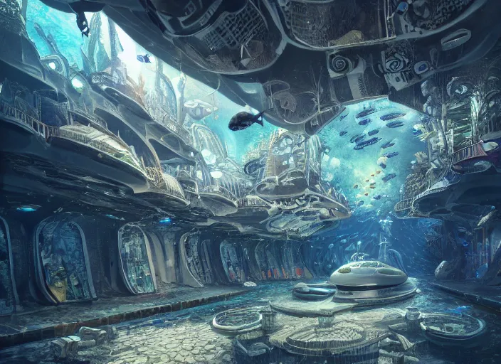 Image similar to favela spaceship cathedral, underwater environment, sorcery, scenery, professional, award - winning, trending on artstation, hyper detailed, realistic, beautiful, emotional, shiny, romantic, picture