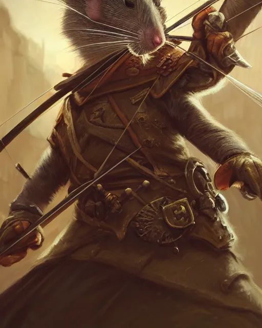 Prompt: closeup 2 8 mm anthropomorphic archer rat using a crossbow in a castle, d & d, fantasy, intricate, action pose, particle effects, highly detailed, digital painting, artstation, concept art, matte, sharp focus, volumetric lighting, illustration, hearthstone, art by artgerm, wlop, craig mullins, alphonse mucha