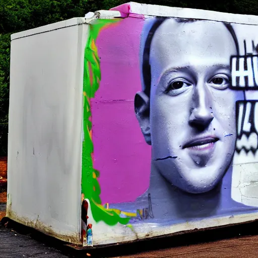 Image similar to mark zuckerburg huffing paint behind graffiti dumpster