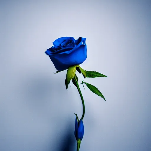 Prompt: A realistic high quality photograph of a single long stemmed beautiful blue rose against a white background