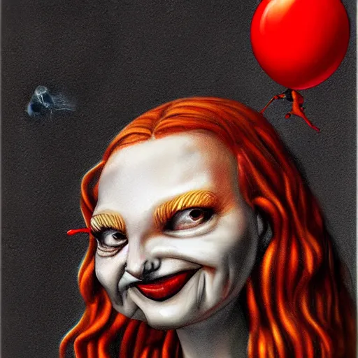 Image similar to surrealism grunge cartoon portrait sketch of a spider with a wide smile and a red balloon by - michael karcz, loony toons style, mona lisa style, horror theme, detailed, elegant, intricate