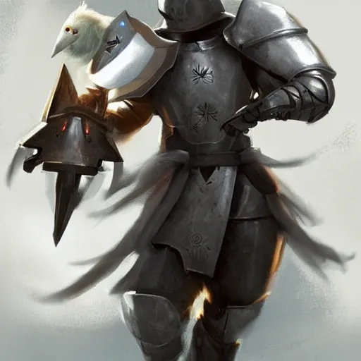 Image similar to an fantastic armored helmetless knight hold a glow white bird, atmospheric, concept art