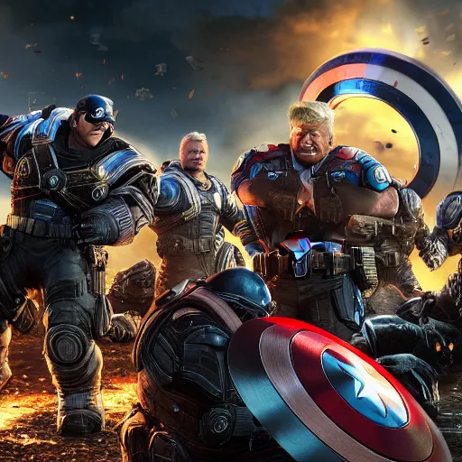 Image similar to Portrait! of President Donald Trump as ((captain america)) in Gears of War, splash art, movie still, cinematic lighting, dramatic, octane render, long lens, shallow depth of field, bokeh, anamorphic lens flare, 8k, hyper detailed, 35mm film grain