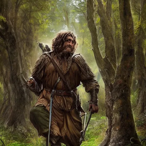 Prompt: a rugged warrior hobbit in leather armor with very short hair and a dark green cloak hiking through the forest holding a hunting bow, trending on artstation, realistic, detailed, by Tony Sart