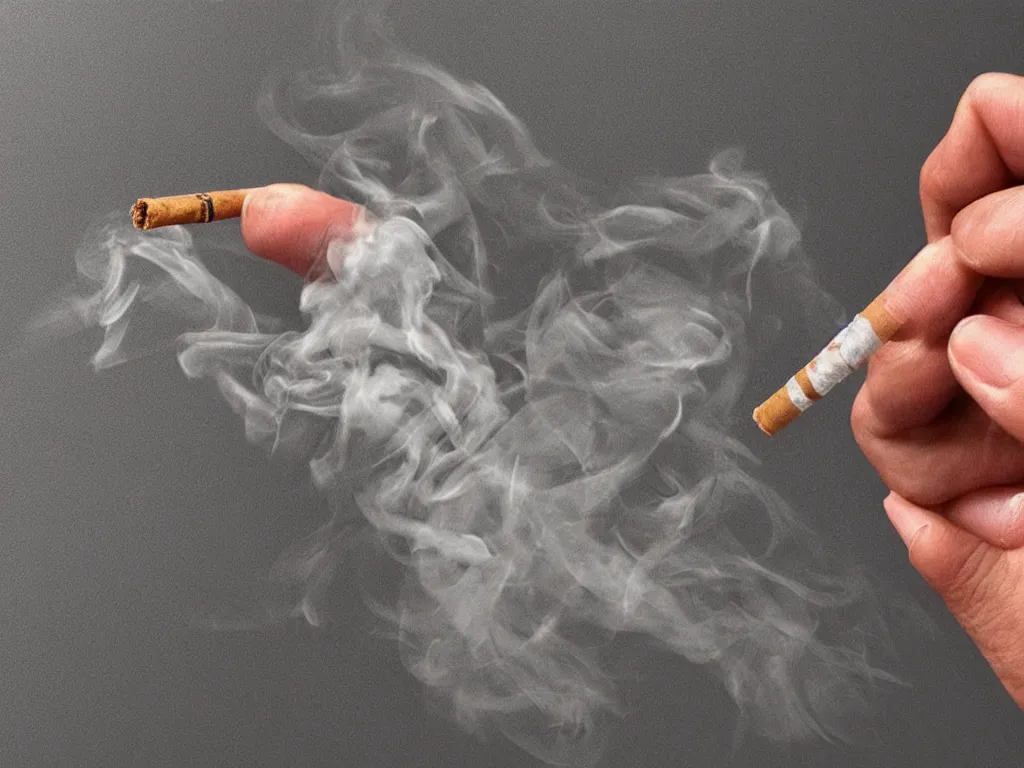 Prompt: Close-up view of hyperrealistic thin soft hand holding cigarette with smoke, by Bernardo Ramonfaur, hyper realism, 4K