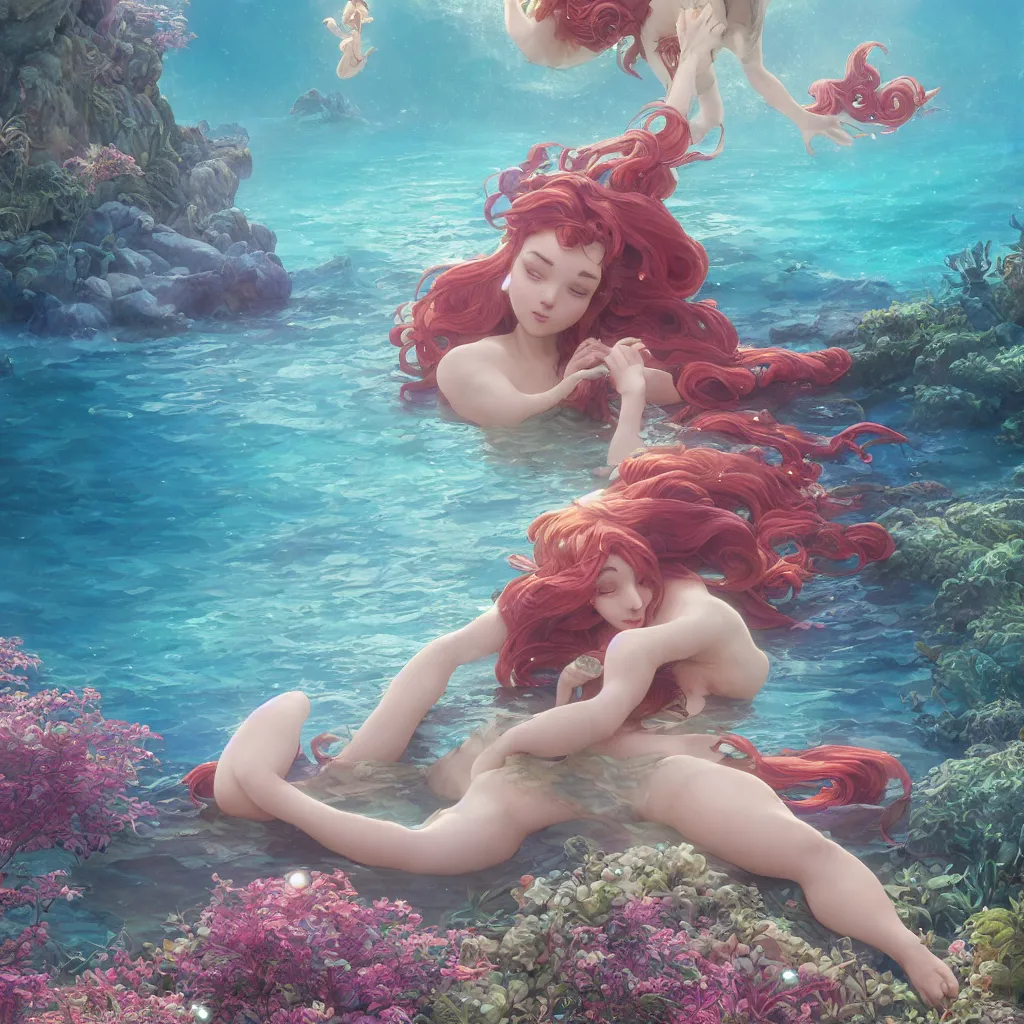 Image similar to the little mermaid sings in the colorful ocean, correct human body and perspective, pearls and shells, fantasy art by ferdinand knab, makoto shinkai and ilya kuvshinov, rossdraws, tom bagshaw, alphonse mucha, trending onstudio ghibli, radiant light, highly detailed, octane render, 8 k