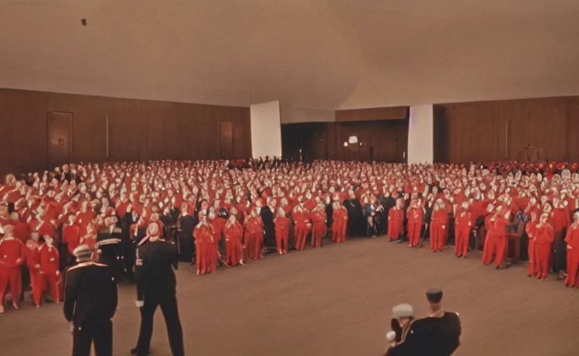 Prompt: 60s movie still of a CCCP ceremony in a stanilist style townhall, by Irving Penn , cinestill 800t 35mm eastmancolor, heavy grainy picture, very detailed, high quality, 4k, HD criterion, precise texture