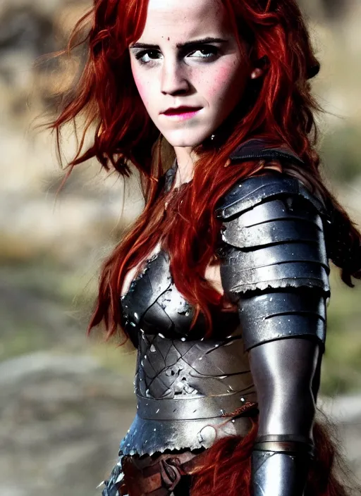 Image similar to photography emma watson as red sonja, beautiful face cinematic