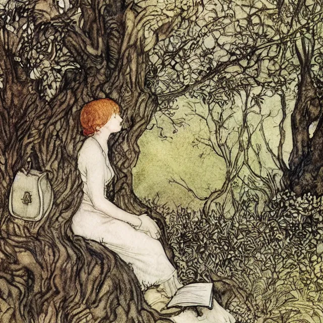 Image similar to a detailed, intricate watercolor and ink portrait illustration with fine lines of young 1 4 year old scarlett johannson happily reading under a tree, by arthur rackham and edmund dulac and lisbeth zwerger