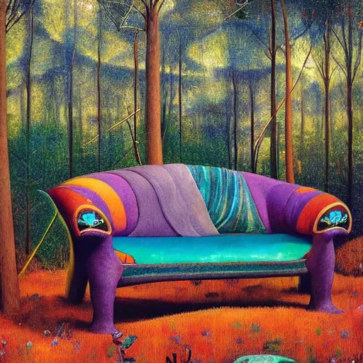 Prompt: psychedelic couch sofa in the lush pine forest, milky way, guitar, moose antlers, designed by arnold bocklin, jules bastien - lepage, tarsila do amaral, wayne barlowe and gustave baumann, cheval michael, trending on artstation, star, sharp focus, colorful refracted sparkles and lines, soft light, 8 k 4 k