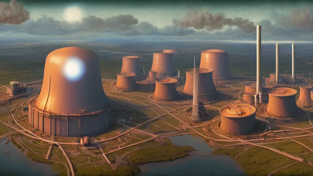 Prompt: A nuclear power plant in utopia by Simon Stålenhag and J.M.W. Turner, oil on canvas; Nuclear Fallout, Art Direction by Adam Adamowicz; 4K, 8K drone shot ; Ultra-Realistic Depth Shading;