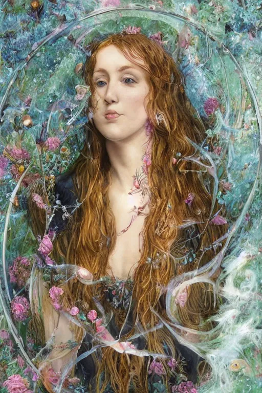 Image similar to An extremely beautiful pre-raphaelite ornate portrait of a very beautiful witch, ultradetailed, intricate, elegant, digital art painting, concept art, smooth, sharp focus, magazine art cover illustration, regal, award winning picture, extremely detailed masterpiece, sense of awe, featured on Artstation, Artgerm, ethereal bubbles, Aetherpunk, atmospheric lightning, Exquisite floral details, 8K detail post-processing