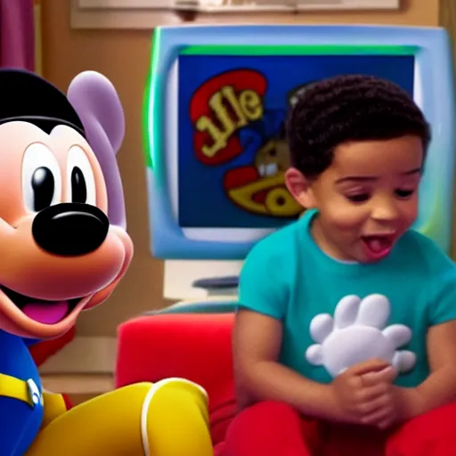 Image similar to Aubrey Drake Graham watching mickey mouse clubhouse on his tv and laughing