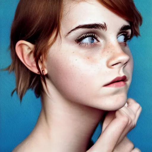 Prompt: a masterpiece portrait photo of a beautiful young woman who looks like a manic pixie dream girl emma watson, symmetrical face