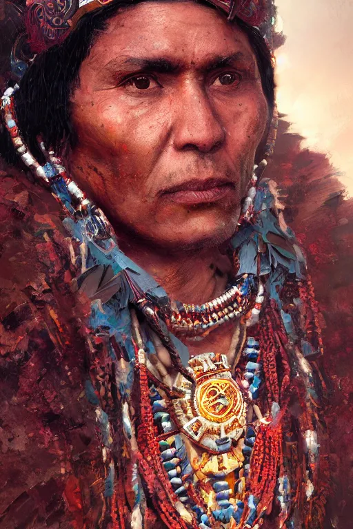 Image similar to aztec priest, close - up portrait, devoted, intricate, elegant, volumetric lighting, scenery, digital painting, highly detailed, artstation, sharp focus, illustration, concept art, ruan jia, steve mccurry