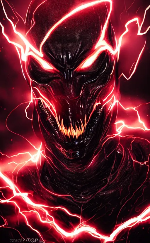 Image similar to full body portrait of venom as the flash, black and red, dynamic lighting, cinematic, ultra detailed, trending on art station, stunning visuals, creative, fantasy concept art