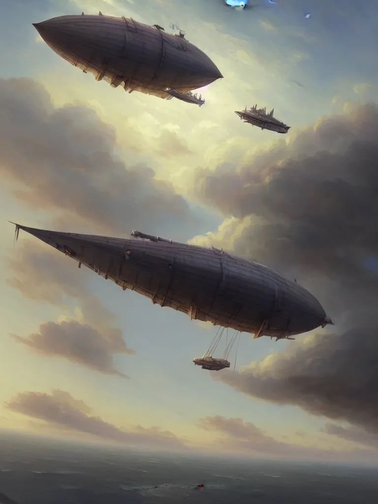 Prompt: a painting of a airship flying in the sky, a detailed matte painting by mandy jurgens, extremely detailed, featured on cgsociety, fantasy art, 2 d game art, matte painting, cryengine