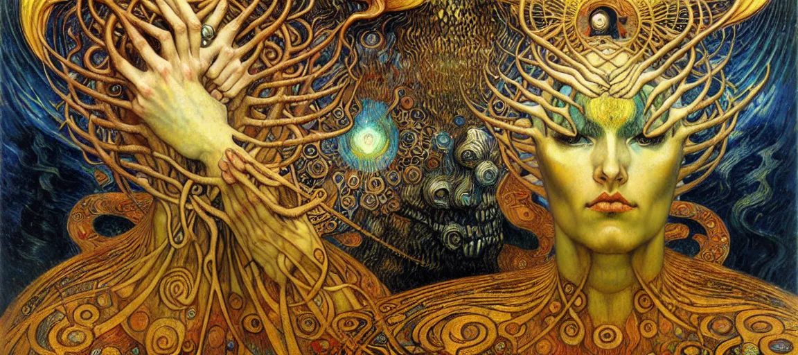 Image similar to Divine Chaos Engine by Karol Bak, Jean Delville, William Blake, Gustav Klimt, and Vincent Van Gogh, symbolist, visionary