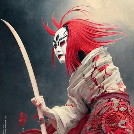 Image similar to an epic portrait of insane kabuki wielding a spear, magical aura of insanity, intricate hakama, poofy red wig, eerie, highly detailed, dark fantasy, art by artgerm and greg rutkowski