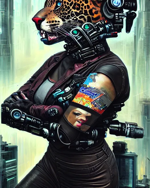 Image similar to a portrait of an anthropomorphic cyberpunk jaguar by sandra chevrier, by jon foster, detailed render, pistol in holster, tape deck, epic composition, cybernetics, 4 k realistic, cryengine, realistic shaded lighting, sharp focus, masterpiece, by enki bilal