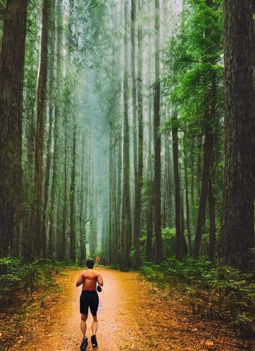 Image similar to athletic guy runs through a forest with tall trees, a photo from the back, perspective, pixel art,