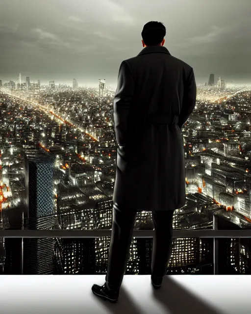 Image similar to extremely detailed night rooftop scene, close up shot of a photorealistic gangster wearing a trench coat looking at the city below, unreal engine, hyper realism, realistic shading, cinematic composition